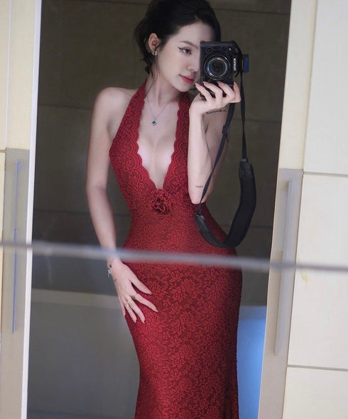Women Lace Halter Maxi Dress